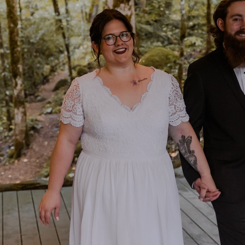 JJs House White Flutter Sleeve V-Neck Wedding Dress